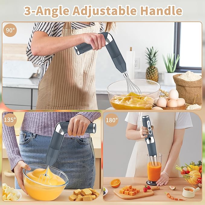 Toogel Cordless Immersion Blender, 4-in-1 Electric Hand Blender with 21-Speed & 3-Angle Adjust, USB Rechargeable, BPA-Free & Dishwasher Safe for Baby Food, Smoothies, Soup (Grey)