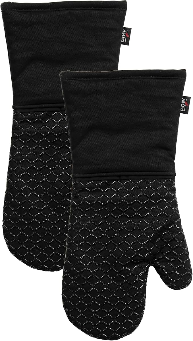 All-Clad Premium Ogee Silicone Printed Oven Mitt: Heat Resistant to 500 Degrees - 100% Cotton and Silicone, 14"x7" Oven Mitt for Kitchen and Barbeque, 2-Pack, Black