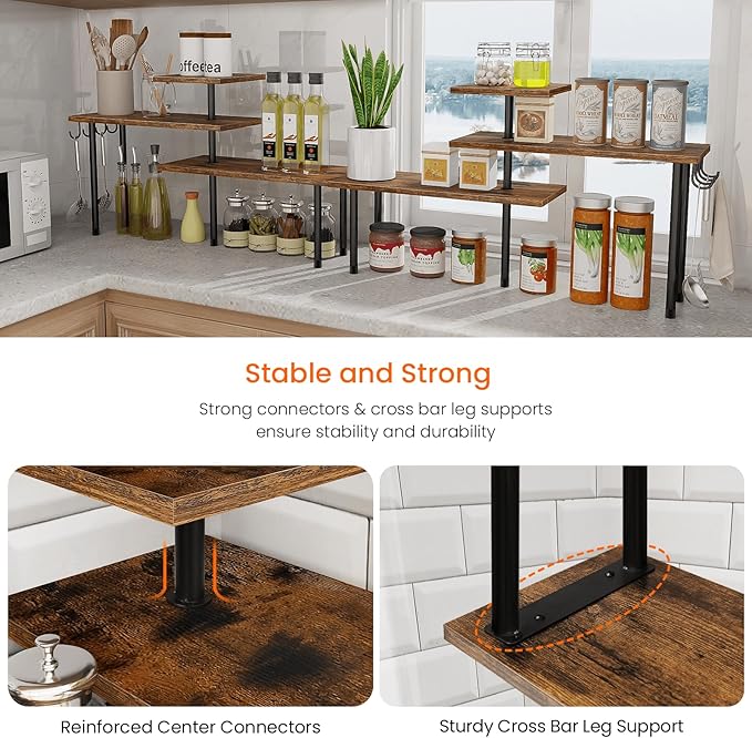 Homode Kitchen Countertop Organizer - 3 Tier Corner Shelf, Bathroom Counter Organizer, Spice Rack, Coffee Bar, Over Sink, Rustic Brown