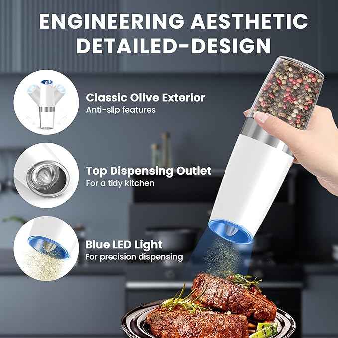 Gravity Electric Salt and Pepper Grinder set of 2, Automatic Salt And Pepper Grinder Set, Adjustable Roughness, Battery Powered, LED Light, 2 Pack, (White)