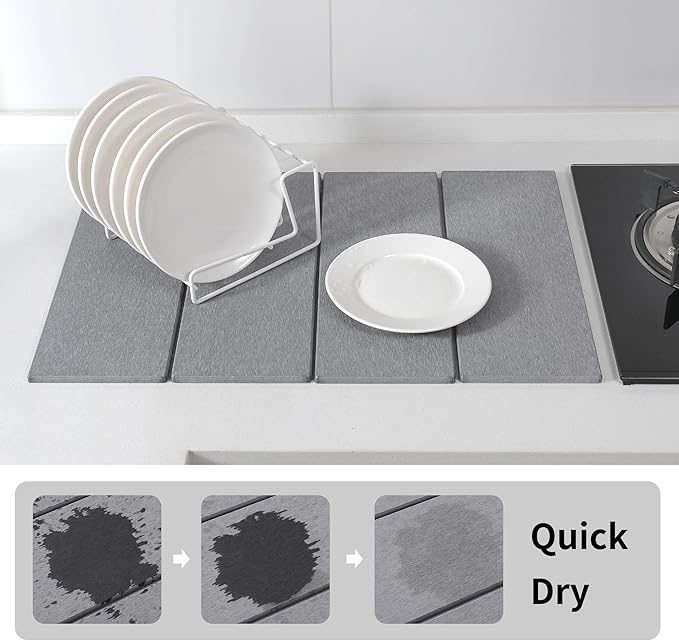 Stone Drying Mat Foldable for Kitchen Counter, Dirt-Resistant Quick Drying Fast Absorbent Non-Slip Diatomite Mat, Natural Diatomaceous Earth Dish Drying Pad for Dish Rack