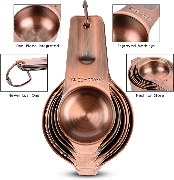 Smithcraft Measuring Cups and Spoons Set, Copper Measuring Cups and Spoons Set for Dry & Liquid, Metric&US 7 Stainless Steel MeasureR Cup&9 Spoon Leveler & Measure Enquivalents for Kitchen & Baking