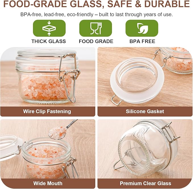 4oz Mini Airtight Glass Jars with Clamp Lid – Small Glass Food Storage Containers for Jam, Honey, Sauces, Yogurt & Dessert Portions, Clear Kitchen Mini Jars