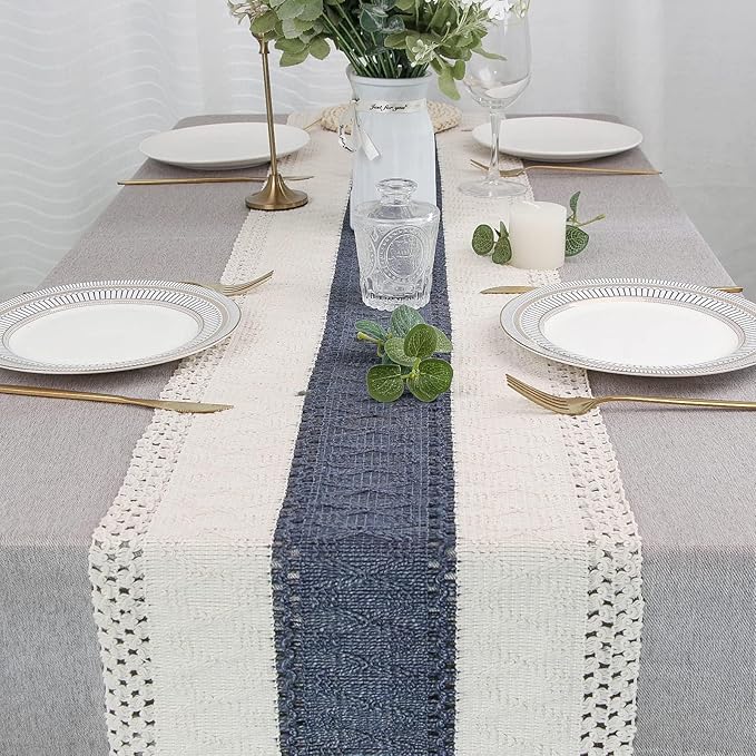 FEXIA Boho Table Decor 48 Inch Cream & Blue Macrame Runner with Tassels for Boho Dining & Bedroom Decor Rustic Bridal Shower (12x48 Inches)