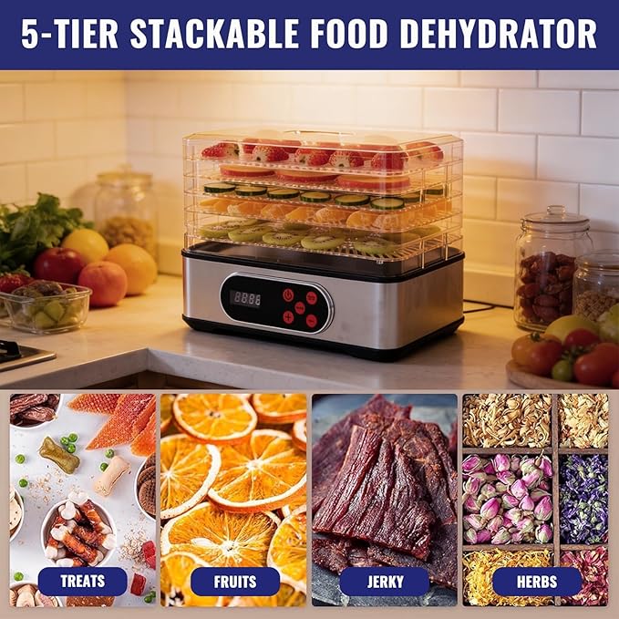 Food Dehydrator Machine, Stainless Steel Dehydrater for Fruit Herb,5 Stackable Trays, Digital Adjustable Timer & Temperature Control, Dehydrator for Beef,Meat, Fruits, Mushroom, Dog Treats