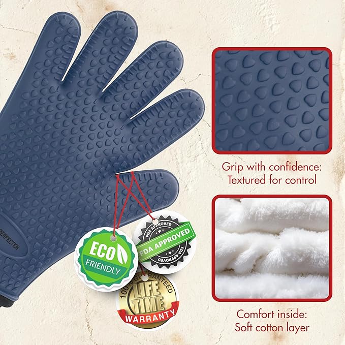 KITCHEN PERFECTION Silicone Oven & Griddle Gloves -Extreme Heat Resistant BBQ & Grilling Gloves -Handle Hot Food Right on Your Griddle |Waterproof Oven Mitts Grill Gloves |Superior Set+3 Bonuses