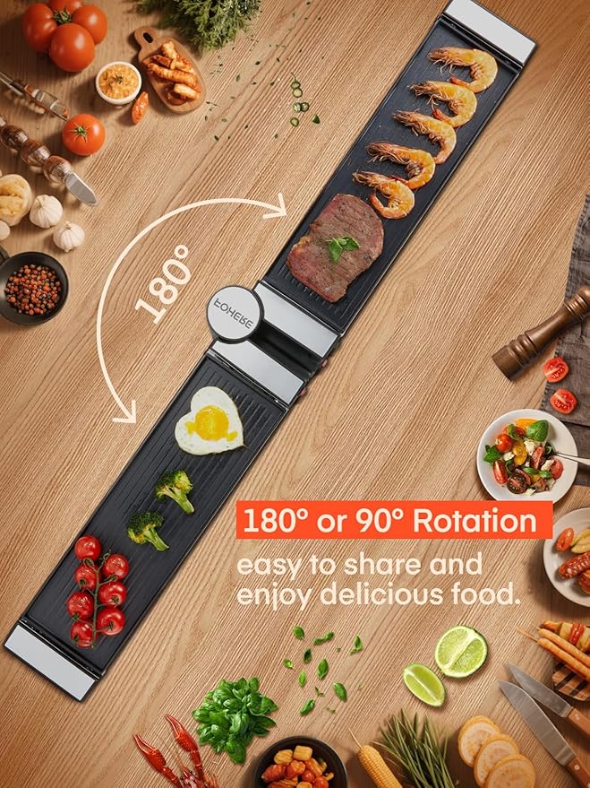 FOHERE Raclette Grill, 2-in-1 Rotatable Electric Indoor Raclette Table Grill, 1400W Raclette Machine for 8 with Reversible Non-Stick Plates, Includes 8 Cheese Pans for Family and Parties Fun