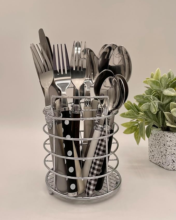 The Original Brink House Eclectic Black & White Mix & Match Stainless Steel Cutlery Set / 16 pieces with Metal Stand/Lifestyle utensils set for home, first apartment, dorm, dinner parties