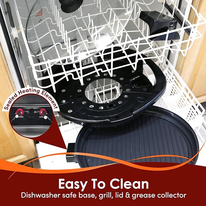 Elite Gourmet EMG-980BX Large Indoor Electric Round Nonstick Grill Cool Touch Fast Heat Up Ideal Low-Fat Meals Dishwasher Safe Includes Glass Lid, 14", Black
