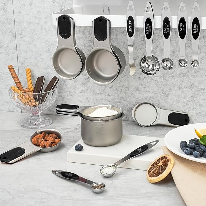 Measuring Cups and Spoons Set,304 Stainless Steel 5 Magnetic Measuring Cups and 8 Sigle Sided Measuring Spoons with 1 Leveler,Kitchen Gadgets for Cooking & Baking