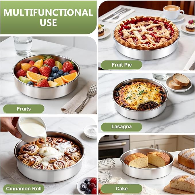 P&P CHEF 9 Inch Cake Pan Set of 4, 4 Pieces Round Layer Cake Baking Pans, Stainless Steel Smash Cake Tin Bakeware for Cooking Steaming, Nontoxic & Sturdy, Oven & Dishwasher Safe