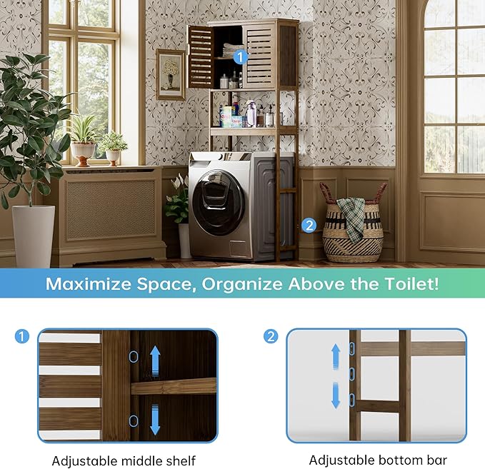 SMIBUY Bathroom Storage Shelf with Cabinet, Bamboo Over-The-Toilet Organizer Rack, Freestanding Toilet Space Saver with 3-Tier Adjustable Shelves (Walnut)
