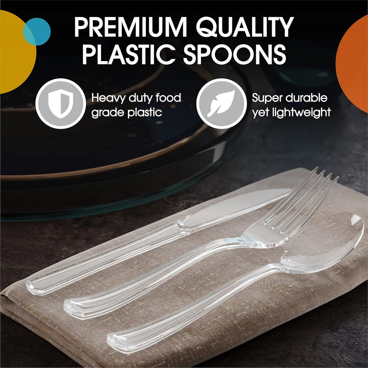 Party Solids Heavy Duty Plastic Spoons - 200 Pcs Clear Disposable Flatware