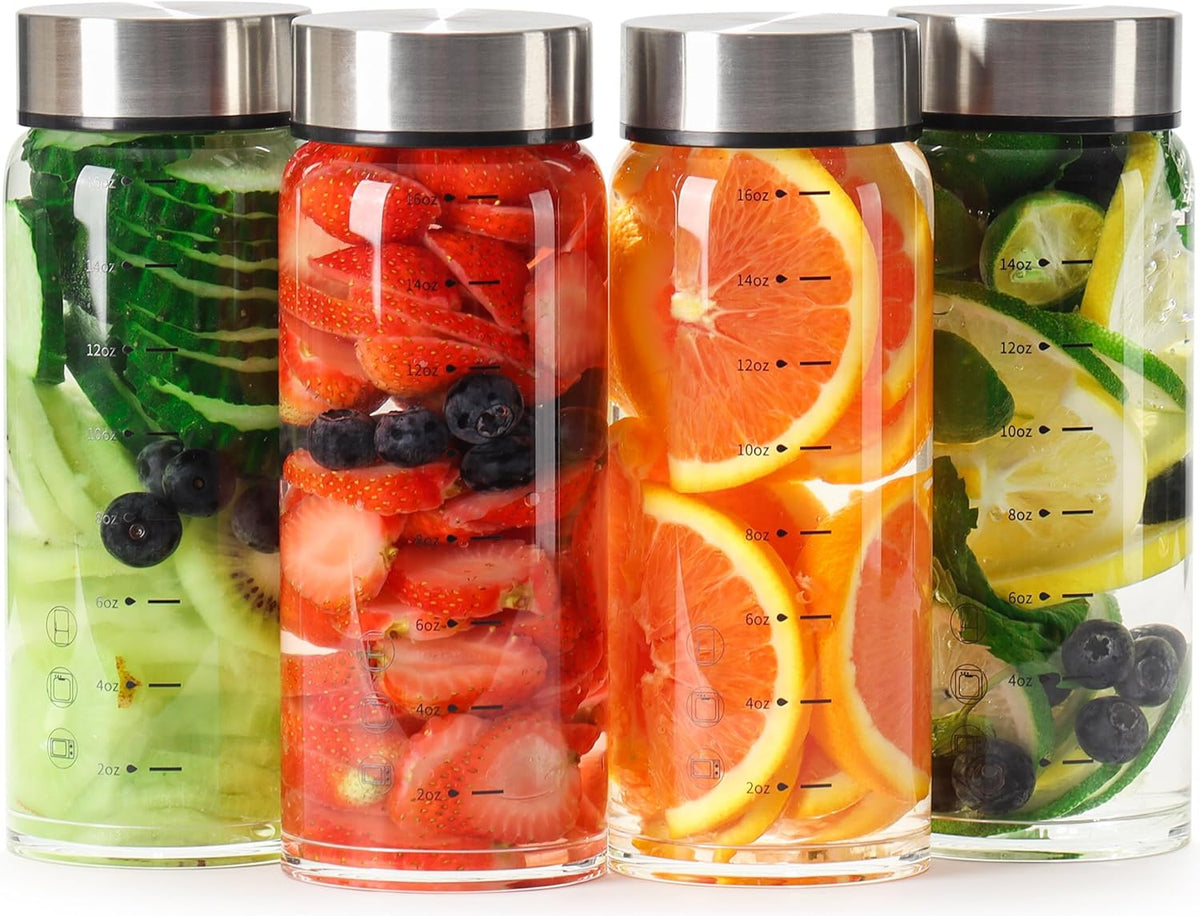 16oz Glass Juice Bottles – 4 Pack Reusable Wide Mouth Bottles with Stainless Steel Lids & Cleaning Brush, BPA-Free Water Bottles for Juicing, Smoothies, Milk, and Protein (480ml)