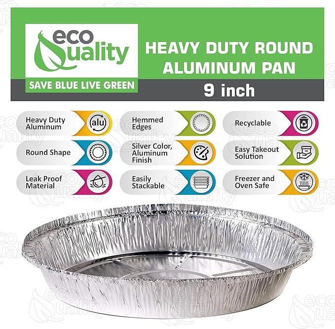 EcoQuality 9" Round Aluminum Foil Pans - Disposable Containers with Foldable Walls for Pie Baking, Cooking, Serving, Reheating, and Storing - Freezer and Oven Safe Tart Pan 300 Pack