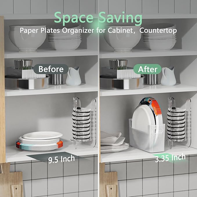 4Pcs Paper Plate Dispenser for 6-9.5 Inch Disposable Plates, Space-Saving Plastic, Foam and Paper Plate Storage Organizer for Cabinet, Countertop, RV or Outdoor (Transparent)