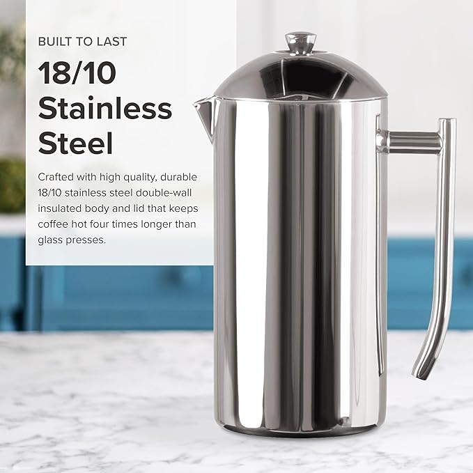 Frieling French Press Coffee Maker - 17 oz, Polished Stainless Steel - Double-Wall Insulated French Press & Cold Brew Pitcher for Camping & Travel - Manual Non-Plastic Coffee Maker