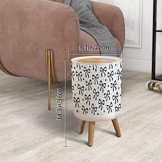 Trash Can with Lid Bow ribbon seamless print white black Christmas Cute crayon bows Press Top Round Small Garbage Bin with Wooden Legs Waste Basket for Kitchen Bedroom Nursery 7L/1.8 Gallon