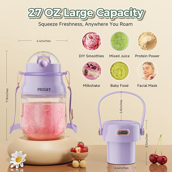 Portable Blender, Prasky Personal Blenders for Shakes and Smoothies with 27oz Cup, Lid and Shoulder Strap, Type-C USB Rechargeable, Personal Size Blenders BPA-free for Travel/Kitchen (Purple)