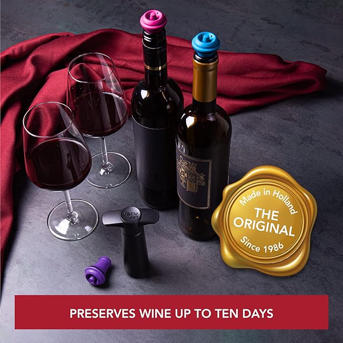 Vacu Vin Wine Saver Pump Black with 8 Vacuum Stopper Grey - Airtight Seal for Opened Bottles to Preserve the Freshness Up to 10 Days - Easy to Use Perfect for Every Occasion