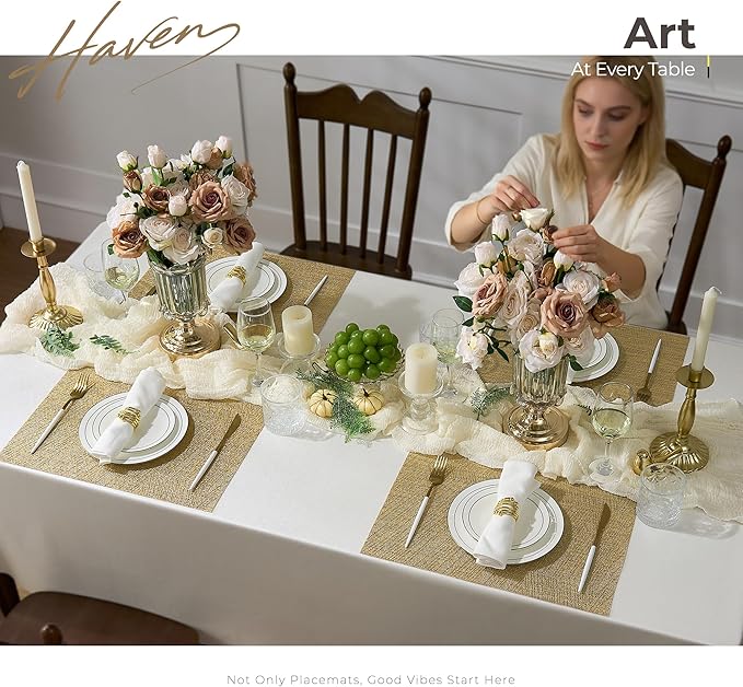 Leetaltree Gold Placemats Set of 8 - Heat Resistant Non-Slip Place mats for Dining Table, Washable Durable PVC Vinyl Woven Table Mats(Luxury Gold, 8)