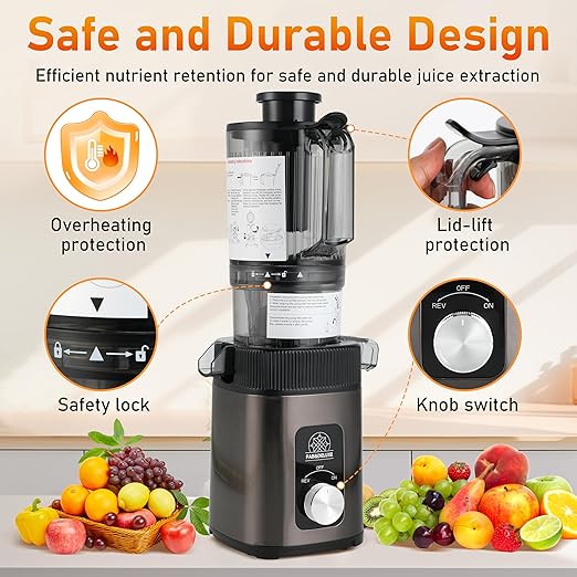FAB&DELUXE Cold Press Juicer - 34oz Juicer Machines with 4.3" Wide Feed Chute, Slow Masticating Juicer for Fruits and Vegetables, 99% High Juice Yield, Reverse Function, Dishwasher Safe