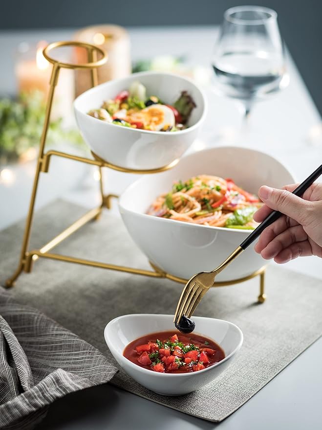 Miamolo 3 Tier Serving Bowls with Stand, Chips and Dip Serving Dishes Set for Entertaining Party, Ceramic Fruit Bowl for Salad Soup Snacks, Microwave & Dishwasher Safe