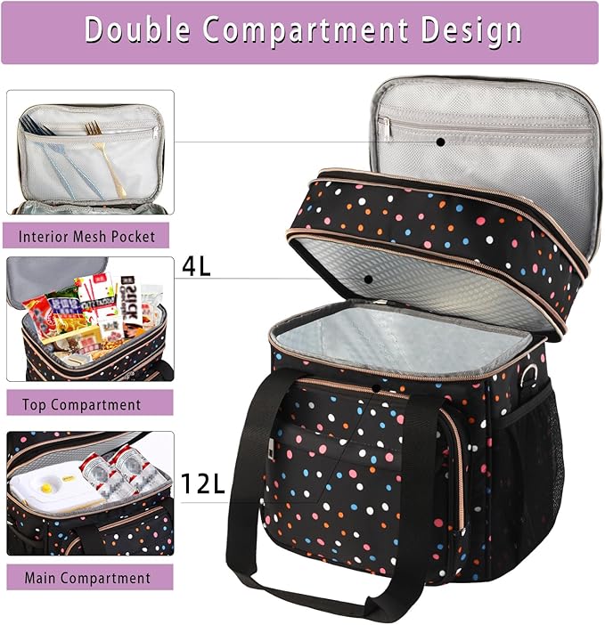 GLENKEY Versatile Lunch Box Cooler Bag - Expandable Insulated Lunch Bag Tote for Women - Large Lunchbox for Adults Work Office Outside Trips Polka Dots 16L