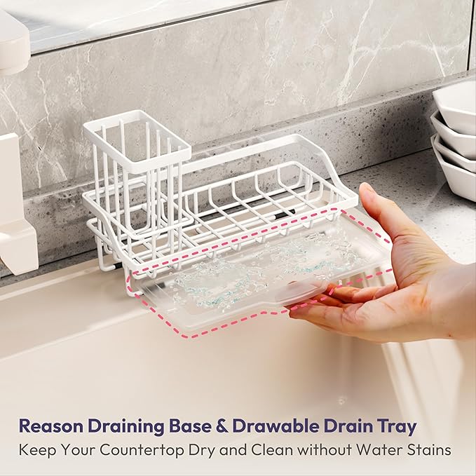 SWTYMIKI Sink Caddy Sponge Holder - Kitchen Sink Organizer with High Brush Holder for Countertop to Hold Dish Soaps and Sponges, Stainless Steel, White