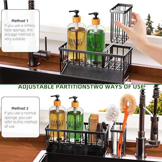 Cisily Kitchen Dish Soap Dispenser Set with Black Sponge Holder and 2 Pack 16.9oz Clear Glass, Dish Soap Dispensers for Kitchen Sink, Vintage Hand and Dish Soap Dispensers Set