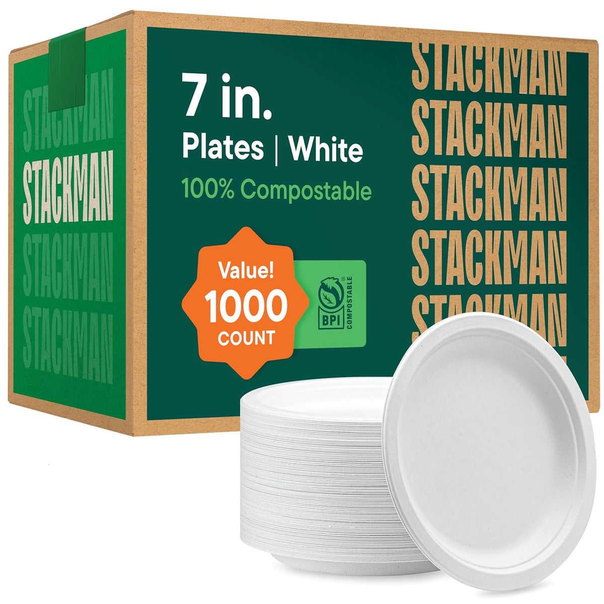 100% Compostable Paper Plates 7 Inch [1000 Count] Heavy-Duty Dessert Plates - Natural White Color Unbleached Bagasse - Eco-Friendly Disposable Biodegradable Sugarcane Plates - [Bulk Case 8/125 Pack]