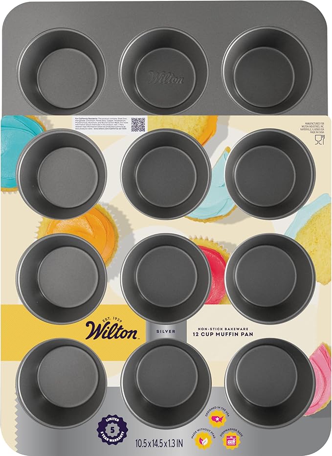 Wilton Silver Non Stick 12 Cup Muffin Pan, Cupcake and Muffin Tin for Baking and Brunch, Made without PFAS, Durable Steel