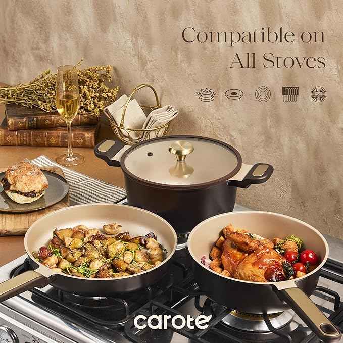 CAROTE Pots and Pans Set Nonstick, 16pcs Cookware Set Nonstick Non-Toxic & PFOA&PFOS-Free, Dishwasher, RV/Camping Cookware Set, Cooking Pots with Lids, Brown