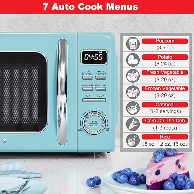 Galanz GLCMKZ07BER07 Retro Countertop Microwave Oven with Auto Cook & Reheat, Defrost, Quick Start Functions, Easy Clean with Glass Turntable, Pull Handle.7 cu ft, Blue