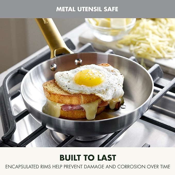 GreenPan Stainless Steel Tri-Ply Reserve 8” Frying Pan Skillet, Multiclad Cookware, Induction, Oven & Broiler Safe to 600°F, Heat Responsive Core, Dishwasher Safe, Gold Handle