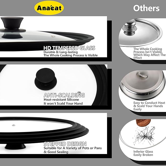 Anaeat Silicone Universal Lid for Pots, Pans and Skillets - Tempered Glass Covered with Heat Resistant Silicone Rim Fits 9.5", 10" and 11" Diameter Cookware -Easy to Use Replacement Frying Pan Cover