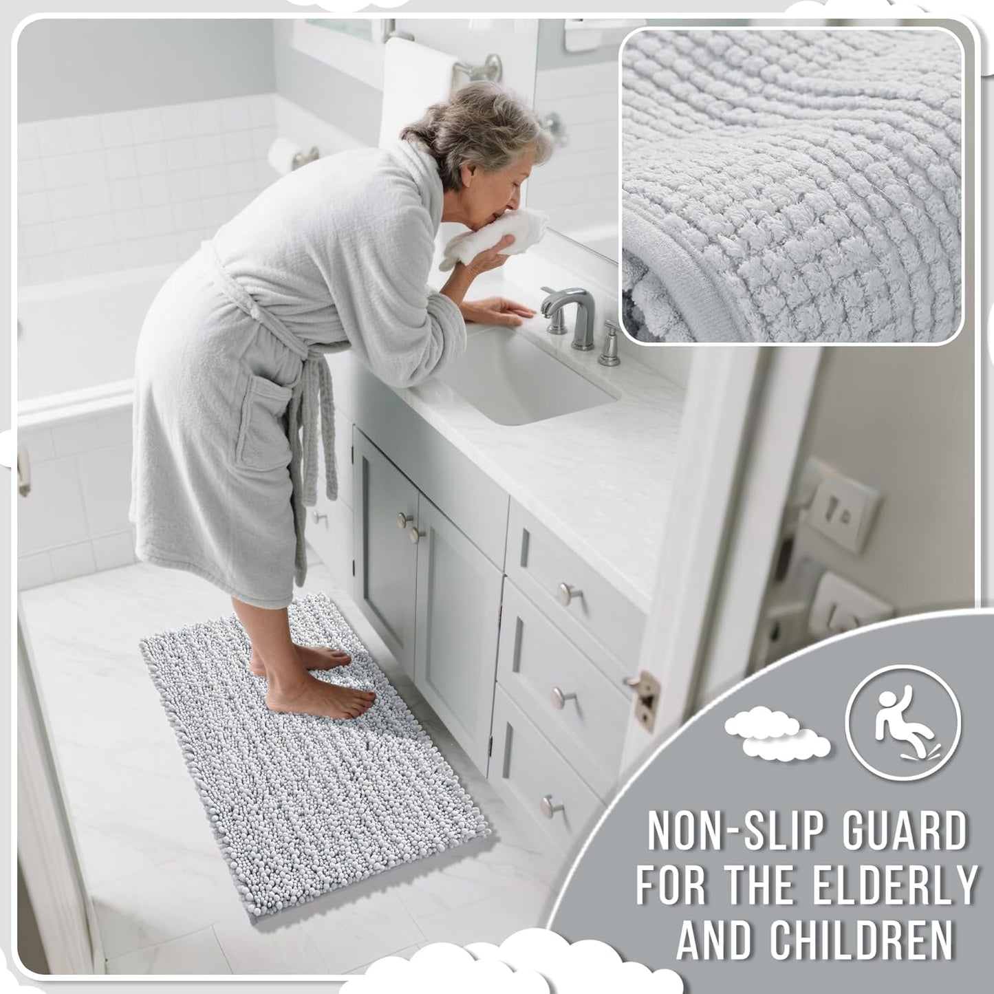 Yimobra Bathroom Rugs Non Slip Washable 32x20 Inch - Ultra Soft Absorbent Chenille Bath Mat, Quick Dry Shaggy Floor Carpet for Tub Shower, Silver Home Decor Accessories