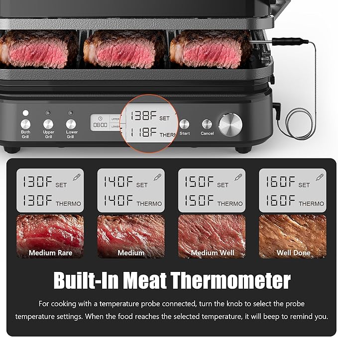 CATTLEMAN Panini Grill Press Sandwich Maker with Removable Plates, 1600W, 5 in 1 Smokeless Indoor Grill & Griddle with Meat Thermometer, PFAS Free Ceramic Nonstick Reversible Plates, Opens Flat