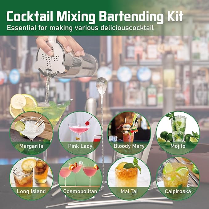 Cocktail Shaker Set Bartender Kit with Bamboo Stand, 15-Piece Stainless Steel Bar Set Accessories, Professional Bartending Kit Home Bar Tools Set with Recipes (Silver, Brown Stand)
