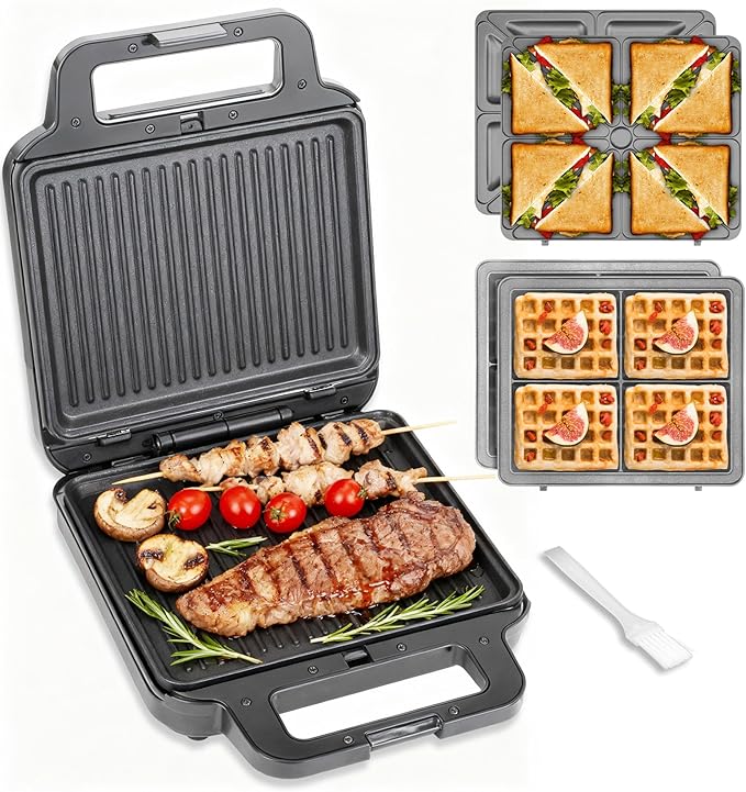 FineMade 3 in 1 Panini Grill Press with 3 Removable Plates, Breakfast Sandwich Maker, Electric Griddle Panini Press, Grilled Cheese Maker, Sandwichera Electrica, Belgian Waffle Maker