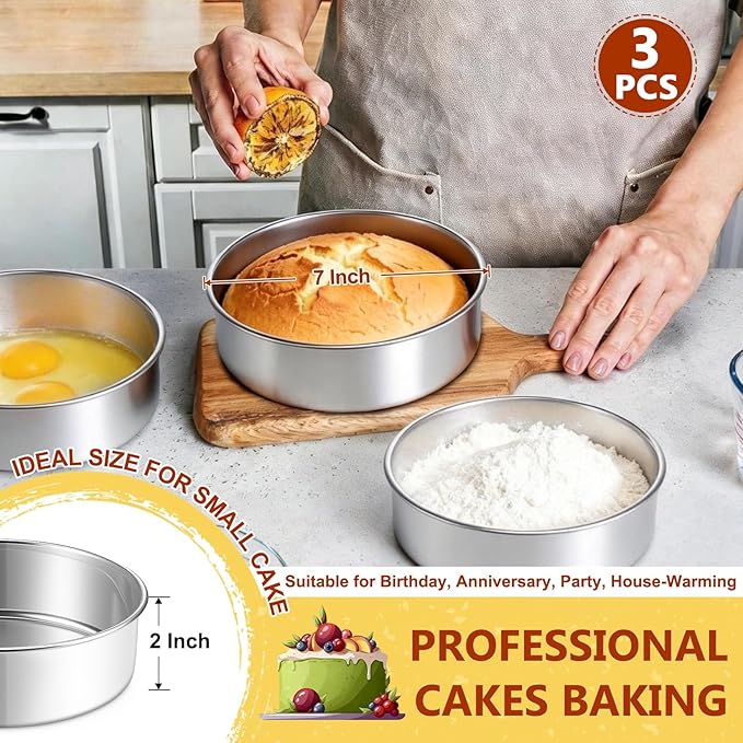 P&P CHEF 7 Inch Cake Pan Set of 3, 3 Pieces Round Layer Cake Baking Pans, Stainless Steel Smash Cake Tin Bakeware for Cooking Steaming, Nontoxic & Sturdy, Oven & Dishwasher Safe