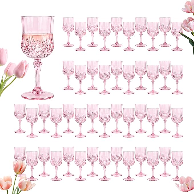 Plastic Wine Glasses, Plastic Goblets Vintage Style Cordial Unbreakable Drinking Glasses， Reusable Drinkware for Wedding Reception, Grand Event Party Supplies, Mother's Day(48, Pink)