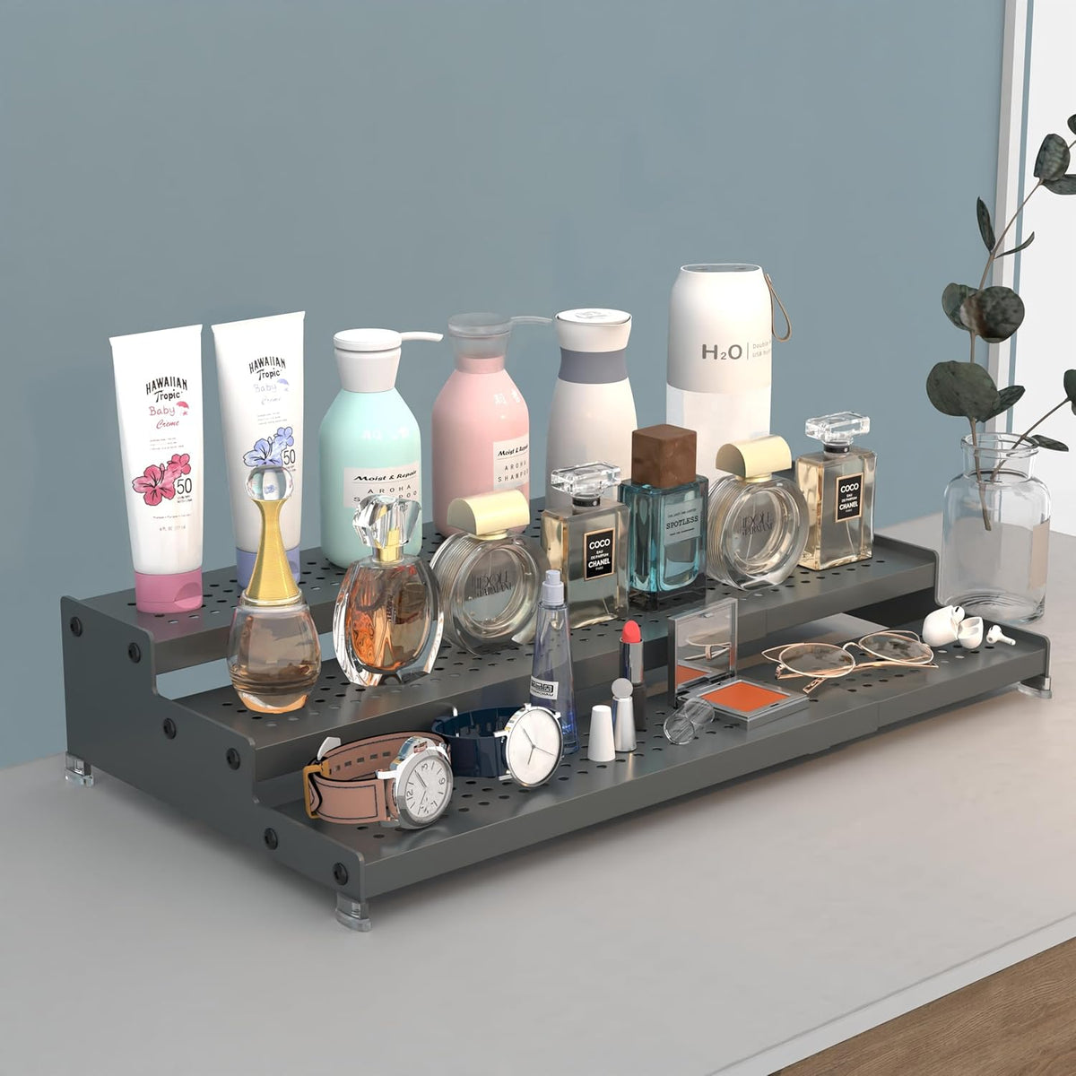 Expandable Spice Rack organizer with 3-Tier step shelf,Modern Design heavy duty,Non Skid and Visibility,Great for Kitchen Cabinet, Pantry and more(2PACKS/GUN-GREY)