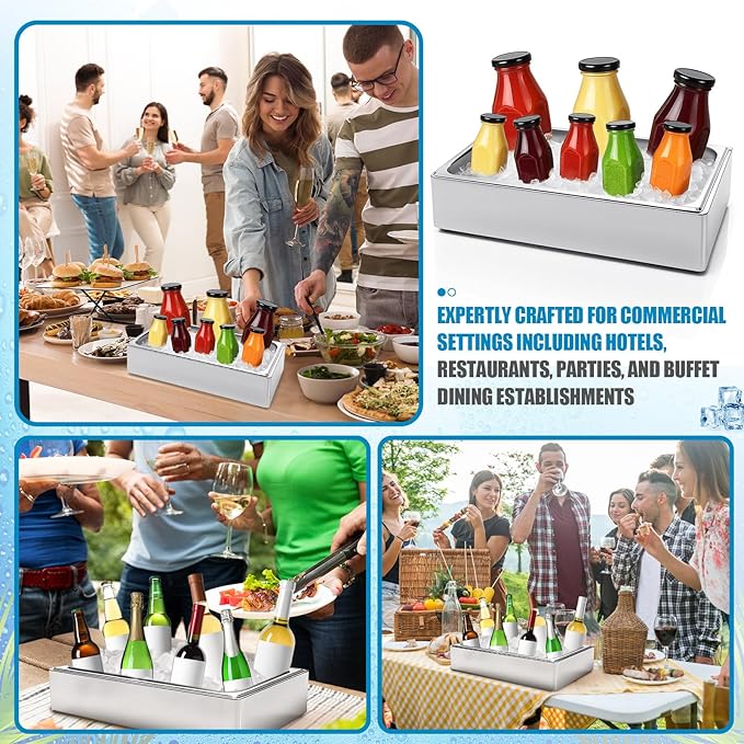 Ice Housing Bin with Removable Tray Ice Holder Container Wine Beer Champagne Drink Bucket Beverage Tub for Freezer Display Buffet Bar Counter Party Drink Chiller(Stainless Steel,21" X 13" X 5.5")