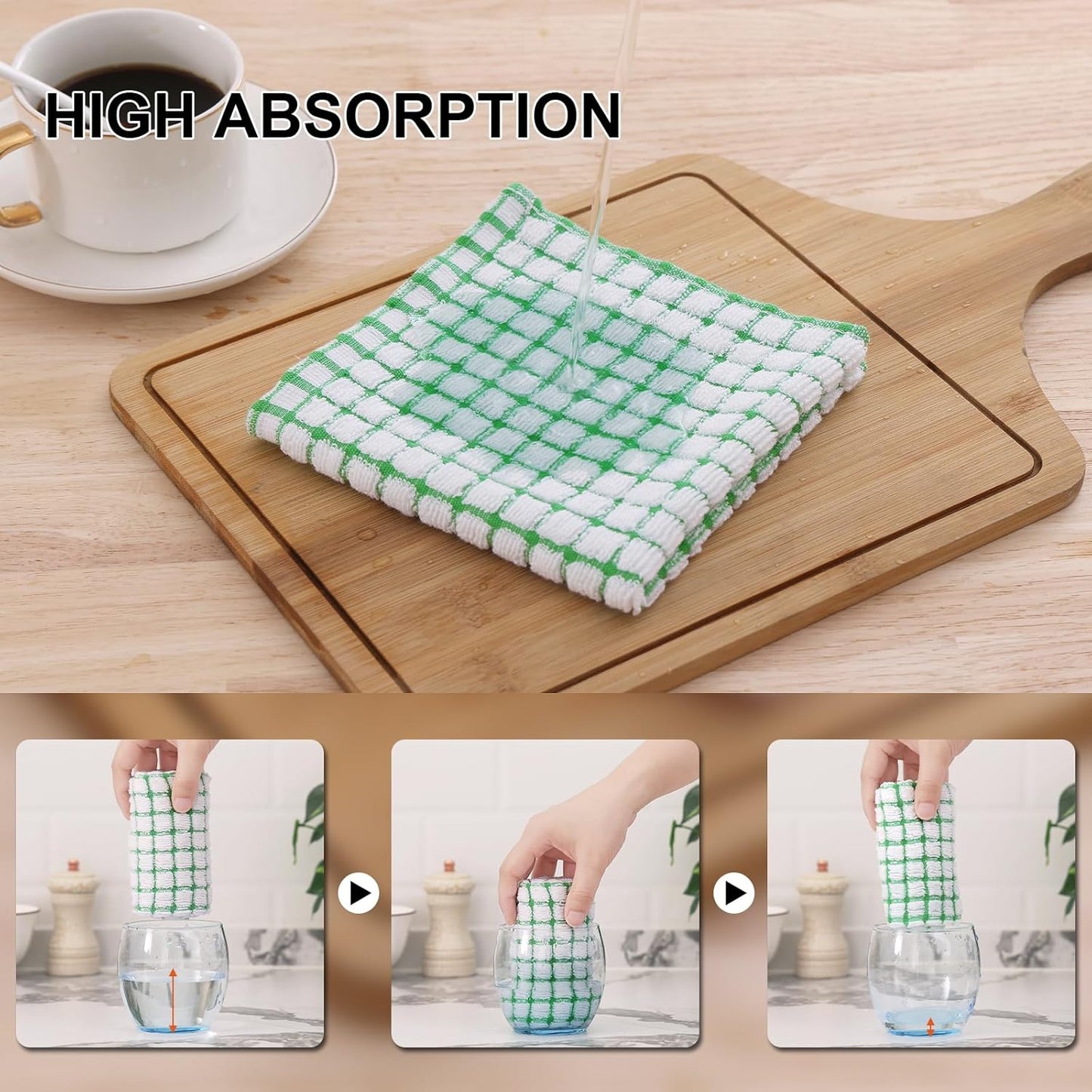 Kitinjoy Cotton 8 Pack Terry Kitchen Dish Cloths, 12 x 12 Inches Super Soft and Absorbent Dish Rags, Quick Drying Dish Towels for Washing Dishes, Green