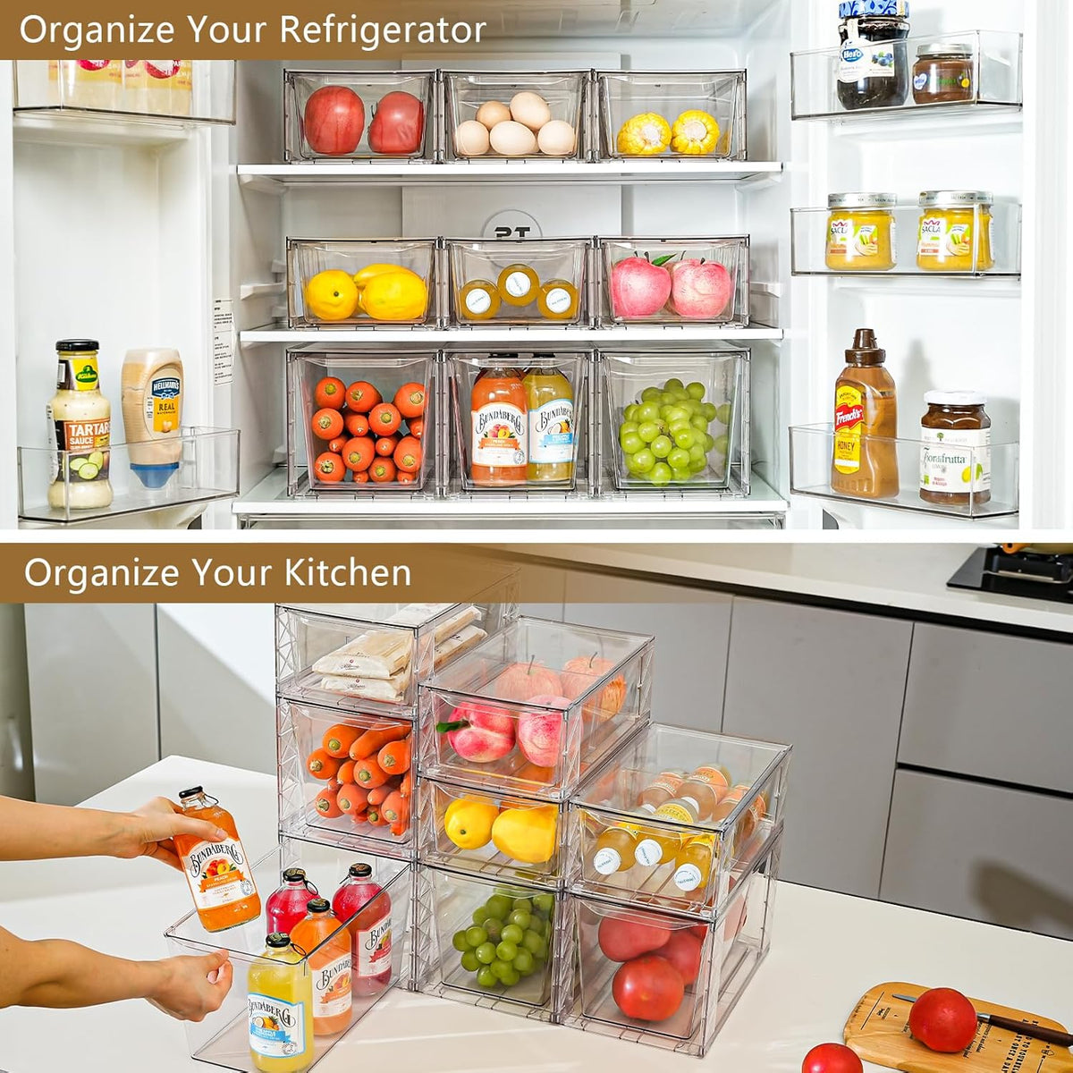 4Pack Stackable Kitchen Storage Organizer, Pantry Organizers and Storage, Clear Foods Organizer Bins with Handles, Easily Assemble for Bathroom, Kitchen, Pantry, Cabinet, Closet