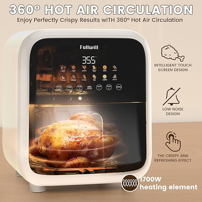 Fullwill Air Fryer with Visible Window, 7.5QT,12-in-1 Multi-Function Air Fry,Roast,Bake, Dehydrate, Fries,Nonstick and Dishwasher-Safe Basket,Family&friends Party,1700W,Creamy White