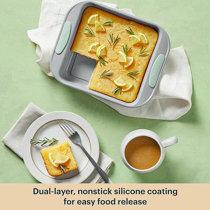 Pyrex (8-Piece) Metal Bakeware Set, Lightweight Stainless Steel Baking Trays with Heatsafe Silicone Handles, Cookie & Muffin Sheets, Round/Square Baking Pans, Sage