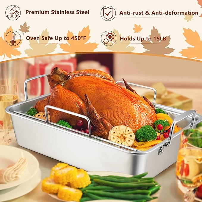 LIANYU 14 Inch Roasting Pan, Turkey Roaster with 2 Racks, Heavy Duty Stainless Steel Deep Broiling Lasagna Pan for Turkey, Chicken, Dishwasher Safe
