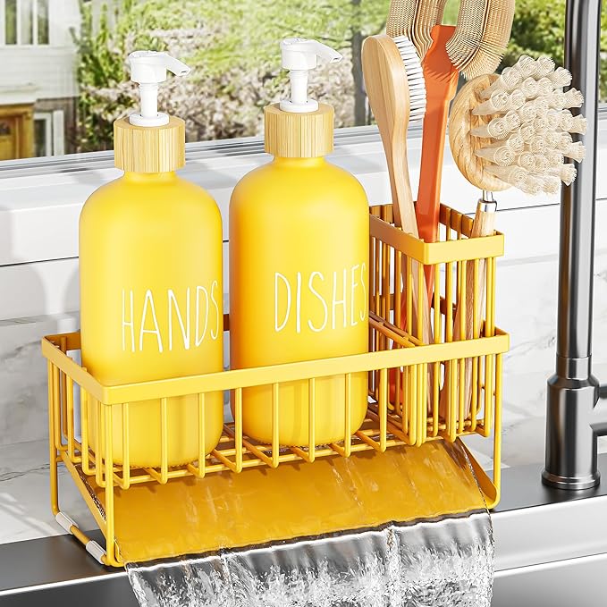 Cisily Yellow Dish Soap Dispenser Set, 16 fl Oz Dual Kitchen Soap Dispensers with Sponge Holder, Customized Stainless Steel Kitchen Soap Dispenser Set, Lemon Kitchen Decor and Accessories